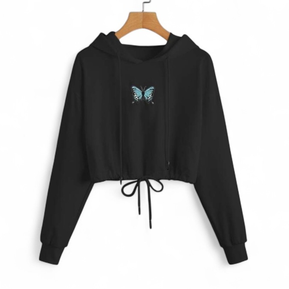 ⭐️ 3/$15 • SHEIN • Black •Cropped Hoodie • Blue Butterfly